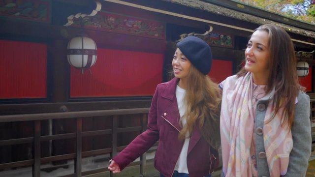 Attractive international girls walking near old temple, HD, slow motion.