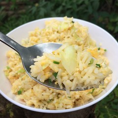 Traditional food in Asia and also in Thailand named Kao Pad. It's made from rice, egg, soy sauce and topped with chopped spring onion.