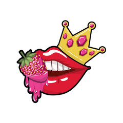 female mouth dripping with strawberry fruit