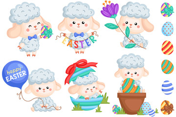 A Vector Set of Various Cute Male Sheep and Eggs Celebrating Easter Day