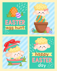 A Card Composition of Cute Sheep Holding Easter Eggs and Inside Cracked Egg
