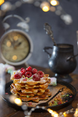 tasty belgian waffles with sugar powder