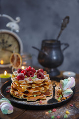 tasty belgian waffles with sugar powder