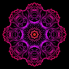Design With Beautiful Floral Mandala Ornament. Vector Illustration. For Coloring Book, Tattoo. Anti-Stress Therapy Pattern. Indian, Moroccan, Mystic, Ottoman Motifs. Black, purple color