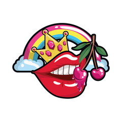 female mouth dripping with cherry fruit