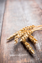 Ripe ears of wheat on the rustic wooden background. Selective focus.