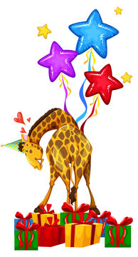 Party giraffe with balloons and presents