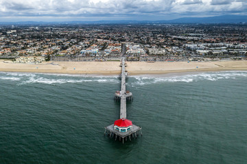 Aerial Shot of the Huntington Beach Pier in California as seen from the Ocean