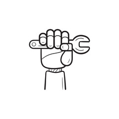 Robot arm with wrench hand drawn outline doodle icon.