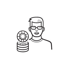 Player and casino chips hand drawn outline doodle icon