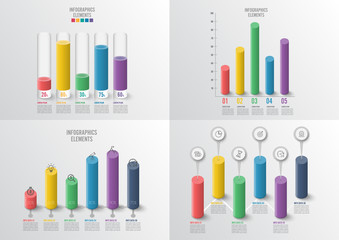 Graphs and charts set. Statistic and data, iInfographic business concept with 4, 5 options For content, diagram, flowchart, steps, parts, timeline infographics, workflow, chart. vector illustration.