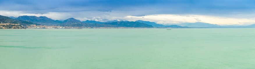 Salerno city and Tyrrhenian sea view from road to Amalfi in cloudy day in winter, Italy