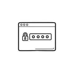 Lock and password in browser window hand drawn outline doodle icon.