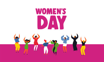 Happy Womens day card with diverse women dancing