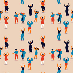 Womens Day seamless pattern of happy women dancing