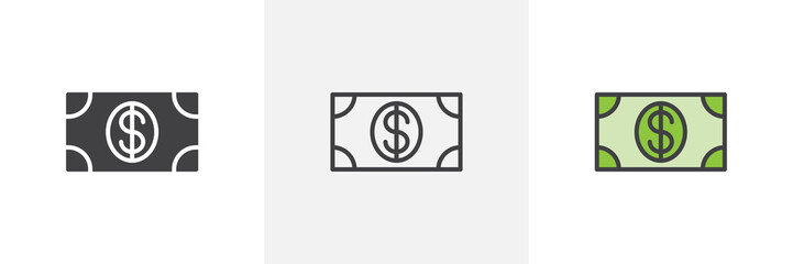 Dollar money bill icon. Line, glyph and filled outline colorful version, paper money outline and filled vector sign. Cash symbol, logo illustration. Different style icons set. Pixel perfect vector 