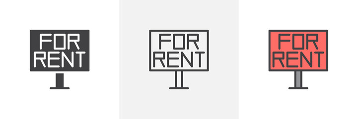 For rent board icon. Line, glyph and filled outline colorful version, rent board notice outline and filled vector sign. Symbol, logo illustration. Different style icons set. Pixel perfect vector 