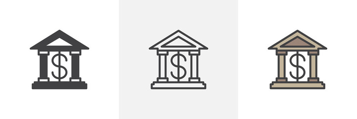 Dollar bank icon. Line, glyph and filled outline colorful version, money bank building outline and filled vector sign. Symbol, logo illustration. Different style icons set. Vector graphics