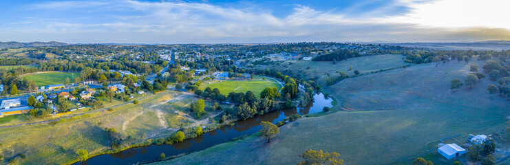 Wide aerial panorama of beautiful rural area in New South Wales at sunset