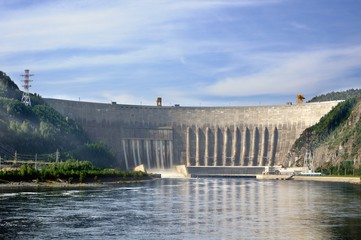 Dam of the Sayano–Shushenskaya hydro power plant on the Yenisei river in Siberia, Russia