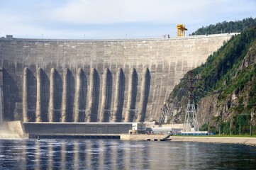 Dam of the Sayano–Shushenskaya hydro power plant on the Yenisei river in Siberia, Russia