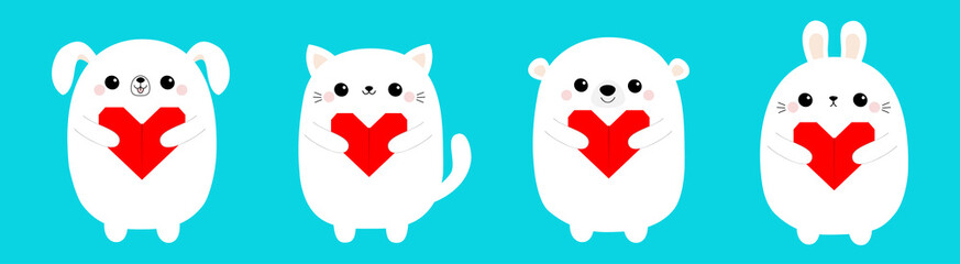 Happy Valentines Day. White cat kitten bear dog puppy rabbit hare set holding red origami paper heart. Cute cartoon kawaii funny baby animal character. Flat design. Love card Blue background