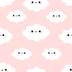 Seamless Pattern. Cloud in the sky. Cute cartoon kawaii funny smiling baby character. Wrapping paper, textile template. Nursery decoration. Pink background. Flat design