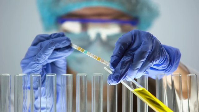 Lab worker measuring pH level in yellow liquid with litmus paper, urine test