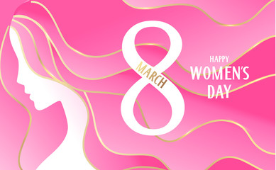 Obraz premium Happy Womens Day. 8 march design template with woman silhouette and greeting text. Girl with long pink hair. Vector illustration