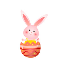 Cute rosy easter bunny sitting in broken egg shell waves hands isolated on white background