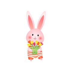 Cute rosy easter bunny with flowers isolated on white background