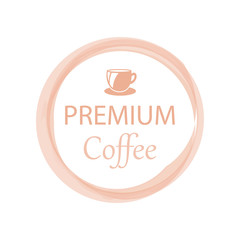 Promotion card with lettering premium coffee with aroma quote of hot drink on top in circle