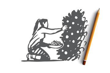 Harvesting, woman, agriculture, farm, food concept. Hand drawn isolated vector.