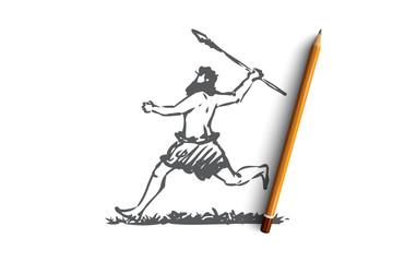 Primitive, man, spear, caveman, hunter concept. Hand drawn isolated vector.