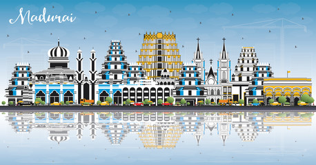 Madurai India City Skyline with Color Buildings, Blue Sky and Reflections.