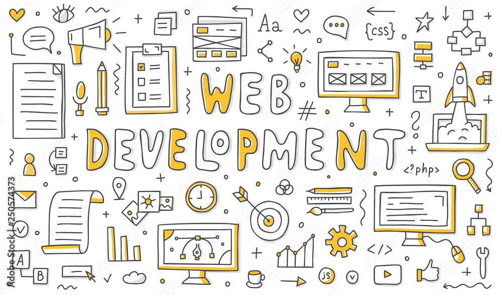 Poster set of web development doodles. vector line art. elements for your design.