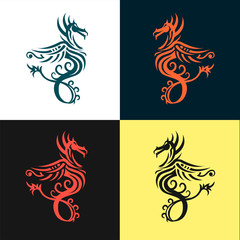 Obraz premium Set dragon tattoo or emblem Traditional Chinese Asian style. The symbol of wealth and luxury vector illustration