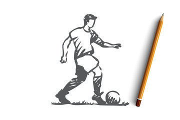 Obraz premium Football player, soccer, goal, kick concept. Hand drawn isolated vector.