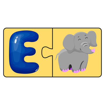 Children s educational toy. Puzzle, cute cartoon elephant and the letter E. Vector illustration. Fun animal.