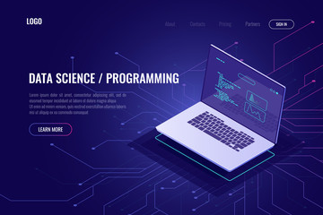 Programming and software development web page banner isometric icon, laptop pc with program code on screen, data statistic and analysis abstract concept, micro scheme, ultraviolet