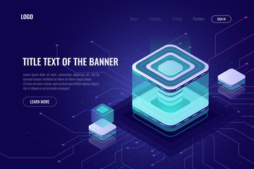Abstract data server isometric icon, digital technology landing web page banner, database and big data processing concept, cloud storage, high tech ultraviolet