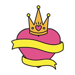 heart love with queen crown and ribbon