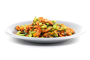 Stir fried chicken, sting bean with red curry paste,thai food