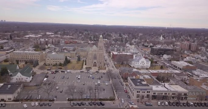 Drone paralax of church wide city