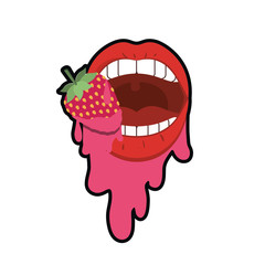 female mouth dripping with strawberry fruit