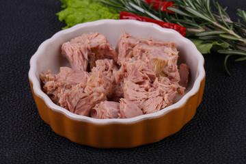 Tasty canned tuna fish in the bowl