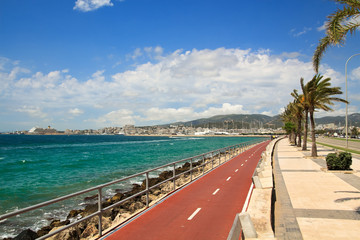 MAJORCA, SPAIN - JUNE 13, 2018: Bike path on the promenade of Palma de Mallorca. Seafront of the Palma de Mallorca. © alexialex