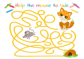 Help the little mouse escape from the cat. Labyrinth. Maze game for kids. Educational game for children. Cartoon vector illustration