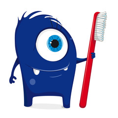 Cartoon blue monster with toothbrush. Bacteria with large eyes, teeth, hands, feet. Microorganism on a white background. Charismatic virus.