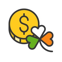Coin with clover vector, Feast of Saint Patrick filled icon editable outline